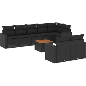 vidaXL Salon de jardin 9 pcs avec coussins noir résine tressée pas cher