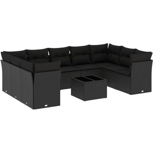 vidaXL Salon de jardin 10 pcs avec coussins noir résine tressée pas cher