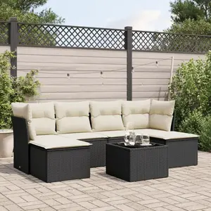 vidaXL Salon de jardin 7 pcs avec coussins noir résine tressée pas cher