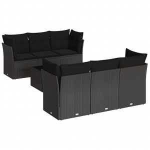 vidaXL Salon de jardin 7 pcs avec coussins noir résine tressée pas cher