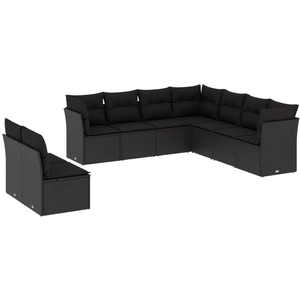 vidaXL Salon de jardin 9 pcs avec coussins noir résine tressée pas cher