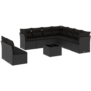 vidaXL Salon de jardin 10 pcs avec coussins noir résine tressée pas cher