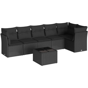vidaXL Salon de jardin 7 pcs avec coussins noir résine tressée pas cher