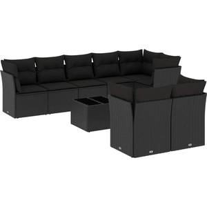 vidaXL Salon de jardin 9 pcs avec coussins noir résine tressée pas cher