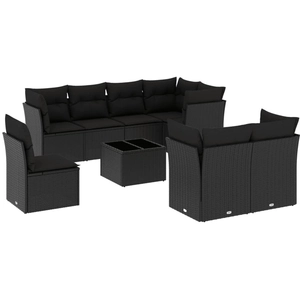 vidaXL Salon de jardin 9 pcs avec coussins noir résine tressée pas cher
