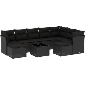 vidaXL Salon de jardin 10 pcs avec coussins noir résine tressée pas cher