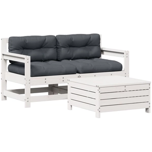 vidaXL Salon de jardin 3 pcs avec coussins blanc bois de pin massif pas cher