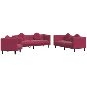 vidaXL Ensemble de canapés 3 pcs avec coussins rouge bordeaux velours pas cher