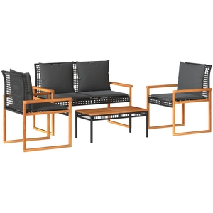 vidaXL Salon de jardin 4 pcs avec coussins Noir Résine tressée pas cher