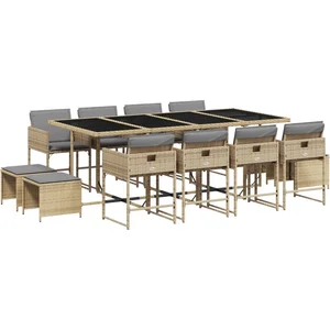 vidaXL Ensemble à manger de jardin coussins 13 pcs mélange beige rotin pas cher