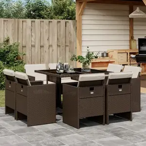vidaXL Ensemble à manger de jardin et coussins 9 pcs marron poly rotin pas cher