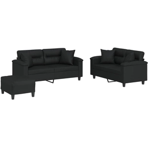 vidaXL Ensemble de canapés 3 pcs avec coussins noir similicuir pas cher