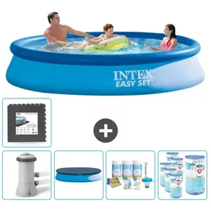 Intex Rond Opblaasbaar Easy Set Zwembad - 366 x 76 cm - Blauw - Inclusief Pomp Afdekzeil - Onderhoudspakket - Filters - Vloertegels