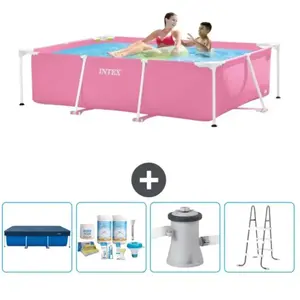 Intex Rechthoekig Frame Zwembad - 220 x 150 x 60 cm - Roze - Inclusief Afdekzeil - Onderhoudspakket - Zwembadfilterpomp - LadderVendu parbol