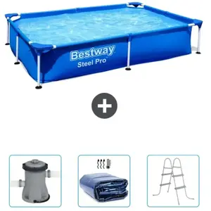 Bestway Rechthoekig Steel Pro Zwembad - 221 x 150 x 43 cm - Blauw - Inclusief Pomp - Solarzeil - LadderVendu parbol