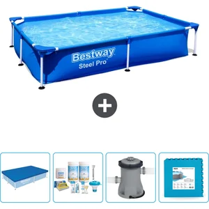 Bestway Rechthoekig Steel Pro Zwembad - 221 x 150 x 43 cm - Blauw - Inclusief Afdekzeil - Onderhoudspakket - Pomp - VloertegelsVendu parbol