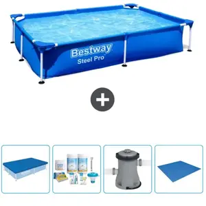 Bestway Rechthoekig Steel Pro Zwembad - 221 x 150 x 43 cm - Blauw - Inclusief Afdekzeil - Onderhoudspakket - Pomp - GrondzeilVendu parbol