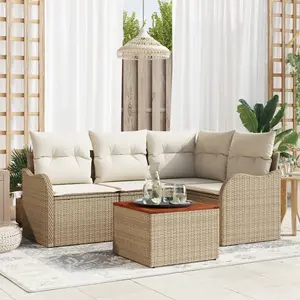 vidaXL vidaXL Ensemble de Canapé de Jardin 5 Pièces avec Coussins Beige en Rattan Poly Acacia, vidaXL Canapé de Jardin 2 Places avec Coussins Beige en Rattan Poly pas cher