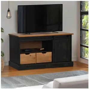 Comparateur de prix : vidaXL Meuble TV HALDEN porte coulissante noir 110x40x60cm bois massif