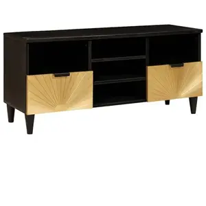 vidaXL Meuble TV Noir et or 100 x 33 x 46 cm bois de manguier massif pas cher