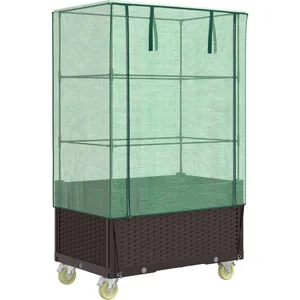 vidaXL Jardinière surélevée avec housse et roues aspect rotin pas cher