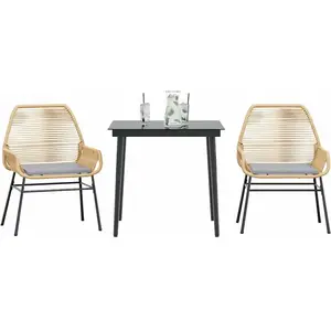 vidaXL Ensemble à manger jardin coussins 3pcs marron poly rotin verre pas cher