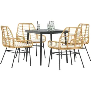 vidaXL Ensemble à manger jardin coussins 5pcs marron poly rotin verre pas cher