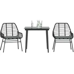 vidaXL Ensemble à manger de jardin et coussins 3 pcs noir rotin verre pas cher