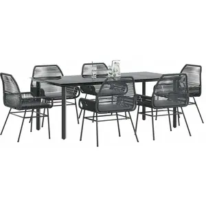 vidaXL Ensemble à manger de jardin coussins 7pcs noir poly rotin verre pas cher