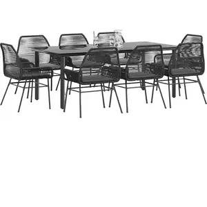 vidaXL Ensemble à manger de jardin coussins 9pcs noir poly rotin verre pas cher