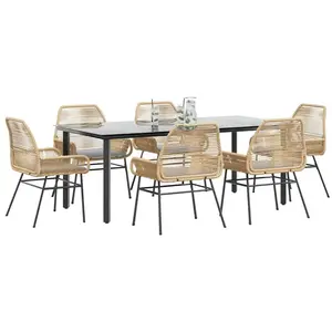 vidaXL Ensemble à manger jardin coussins 7pcs marron poly rotin verre pas cher