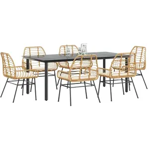 vidaXL Ensemble à manger jardin coussins 7pcs marron poly rotin verre pas cher