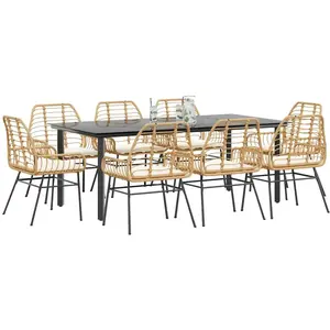 vidaXL Ensemble à manger jardin coussins 9pcs marron poly rotin verre pas cher