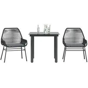 vidaXL Ensemble à manger de jardin et coussins 3 pcs noir rotin verre pas cher
