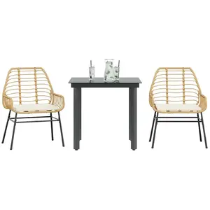 vidaXL Ensemble à manger jardin coussins 3pcs marron poly rotin verre pas cher