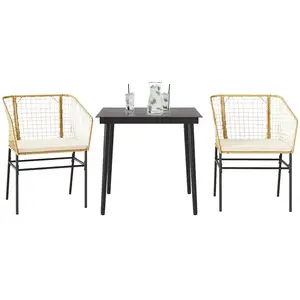 vidaXL Ensemble à manger jardin coussins 3pcs marron poly rotin verre pas cher