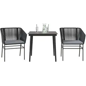 vidaXL Ensemble à manger de jardin et coussins 3 pcs noir rotin verre pas cher