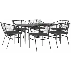 vidaXL Ensemble à manger de jardin coussins 7pcs noir poly rotin verre pas cher