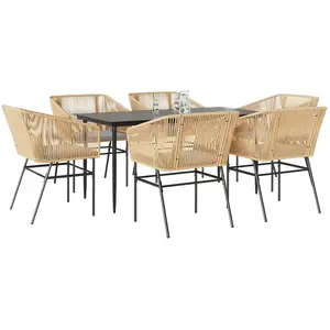 vidaXL Ensemble à manger jardin coussins 7pcs marron poly rotin verre pas cher