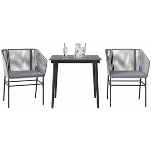 vidaXL Ensemble à manger jardin coussins 3 pcs gris poly rotin verre pas cher