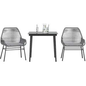 vidaXL Ensemble à manger jardin coussins 3 pcs gris poly rotin verre pas cher