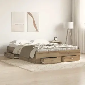 vidaXL Lit Vidaxl Avec Tiroirs Chêne Artisanal 135x190 Cm Bois D'ingénierie pas cher