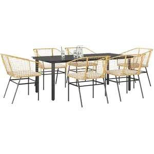 vidaXL Ensemble à manger jardin coussins 7pcs marron poly rotin verre pas cher