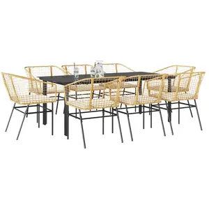 vidaXL Ensemble à manger jardin coussins 9pcs marron poly rotin verre pas cher