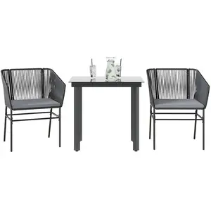 vidaXL Ensemble à manger de jardin et coussins 3 pcs noir rotin verre pas cher