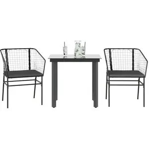 vidaXL Ensemble à manger de jardin et coussins 3 pcs noir rotin verre pas cher