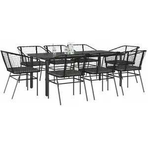 vidaXL Ensemble à manger de jardin coussins 9pcs noir poly rotin verre pas cher