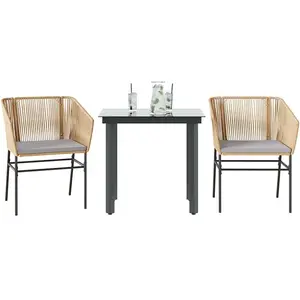 vidaXL Ensemble à manger jardin coussins 3pcs marron poly rotin verre pas cher