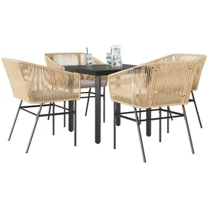 vidaXL Ensemble à manger jardin coussins 5pcs marron poly rotin verre pas cher