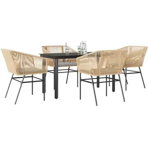 vidaXL Ensemble à manger jardin coussins 5pcs marron poly rotin verre pas cher